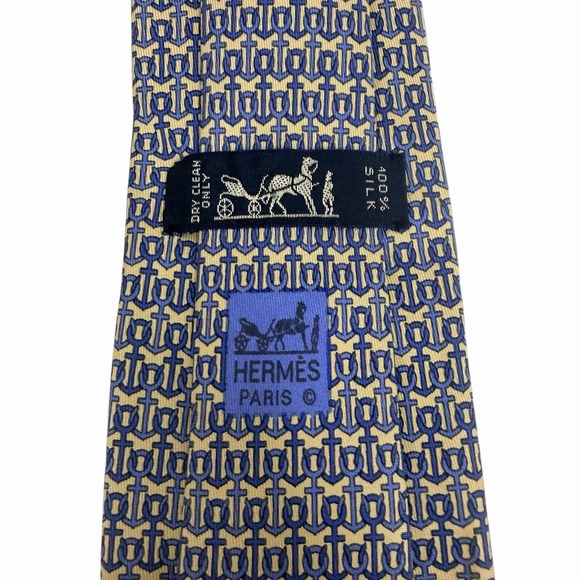 Hermes Mens Tie Nautical Anchors Blue/Khaki Silk 7189 UA 3.25